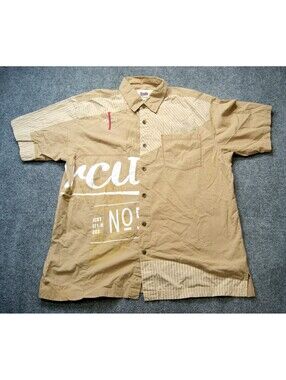 Vintage Varcity Mens Shirt Size Large Tan Cotton Collared Short Sleeve Button-Up